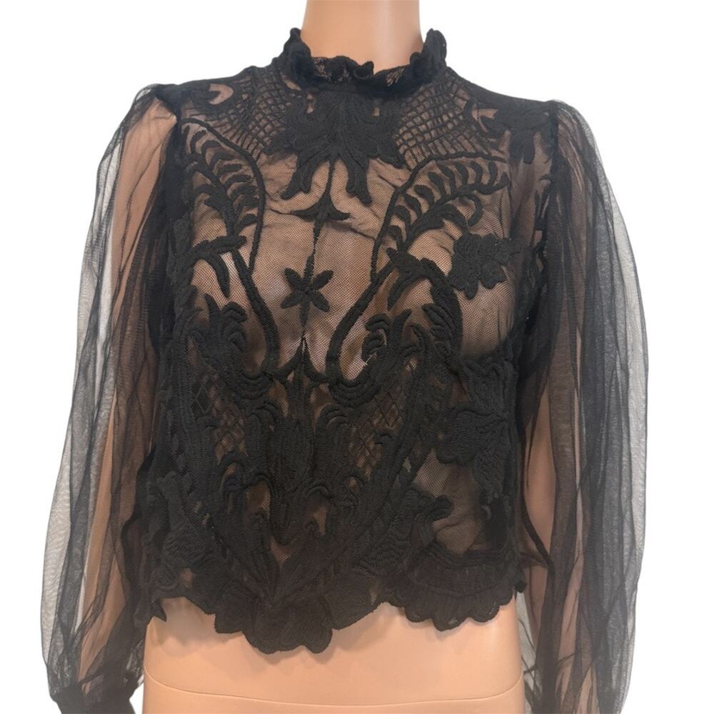 Blashe large lace sheer embroidered high neck tulle blouse SP2 3309